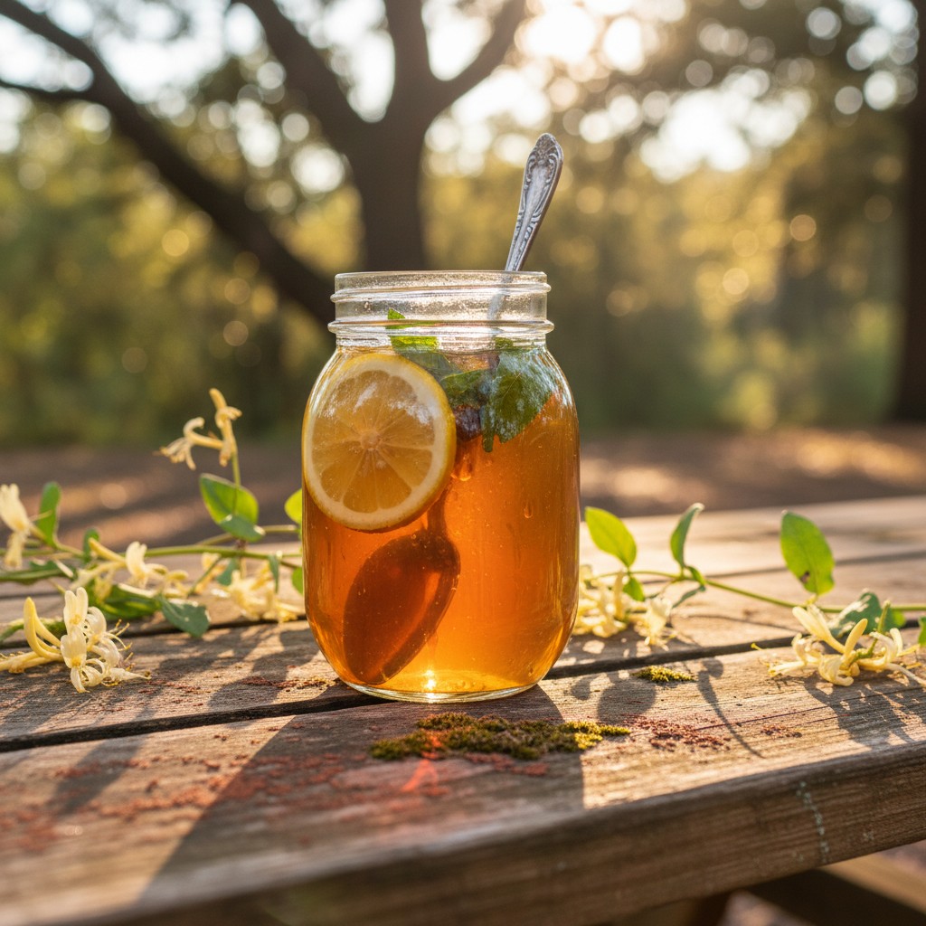 A teapot, filled with a vibrant green tea, sits poised atop a bustling counter teeming with compact flour satchels of vari...